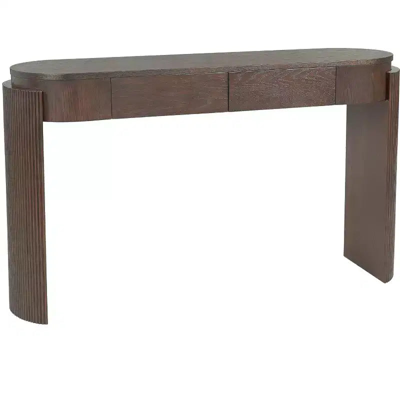 MAYEERTY Table console avec finition grain de bois naturel, motif cannelé, plateau ovale et 2 tiroirs pour entrée et salon, Expresso