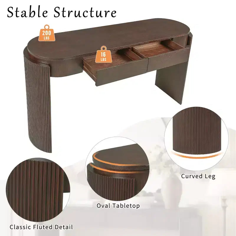 MAYEERTY Table console avec finition grain de bois naturel, motif cannelé, plateau ovale et 2 tiroirs pour entrée et salon, Expresso