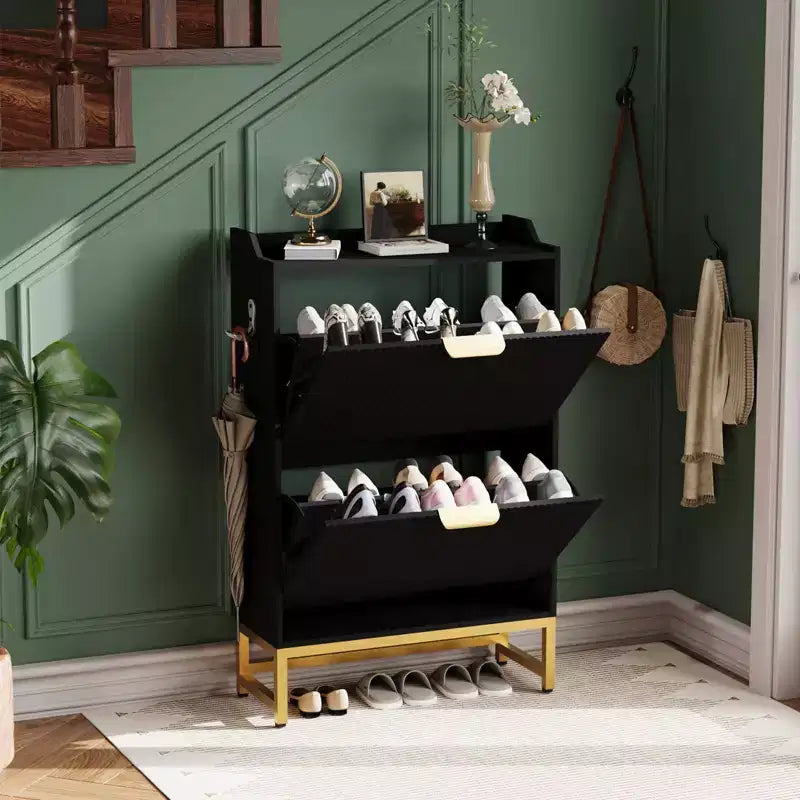 Meuble à chaussures cannelé avec 2 tiroirs basculants - Étagère à chaussures moderne et fine avec pieds en métal, organisateur de rangement caché pour entrée, couloir, chambre, appartement