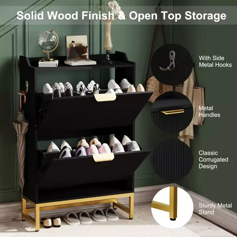 Meuble à chaussures cannelé avec 2 tiroirs basculants - Étagère à chaussures moderne et fine avec pieds en métal, organisateur de rangement caché pour entrée, couloir, chambre, appartement