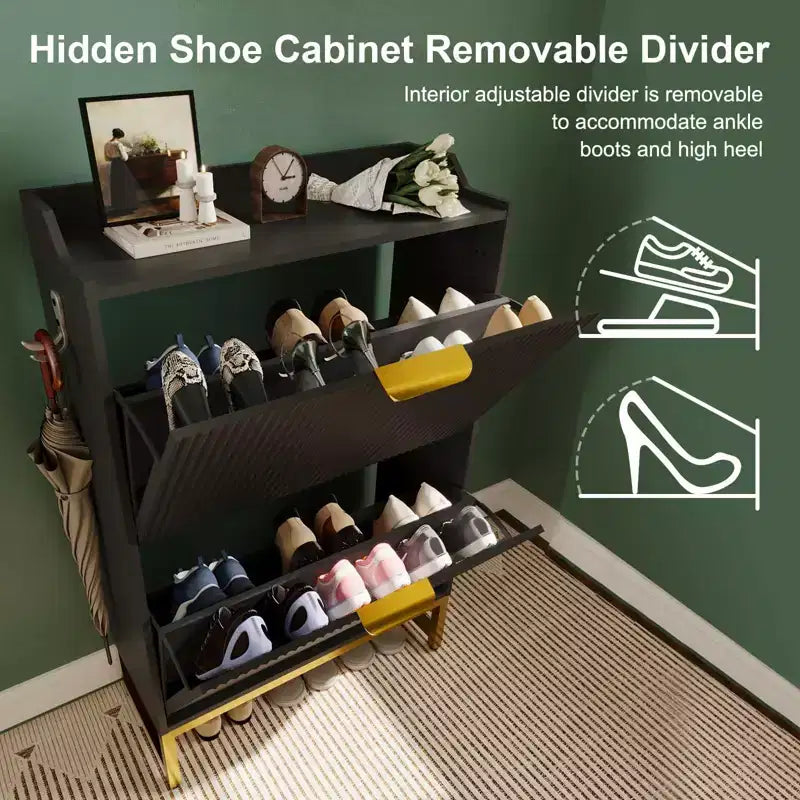 Fluted Shoe Cabinet with 2 Flip Drawers - Slim Modern Shoes Rack with Metal Legs, Hidden Storage Organizer for Entryway, Hallway, Bedroom, Apartment