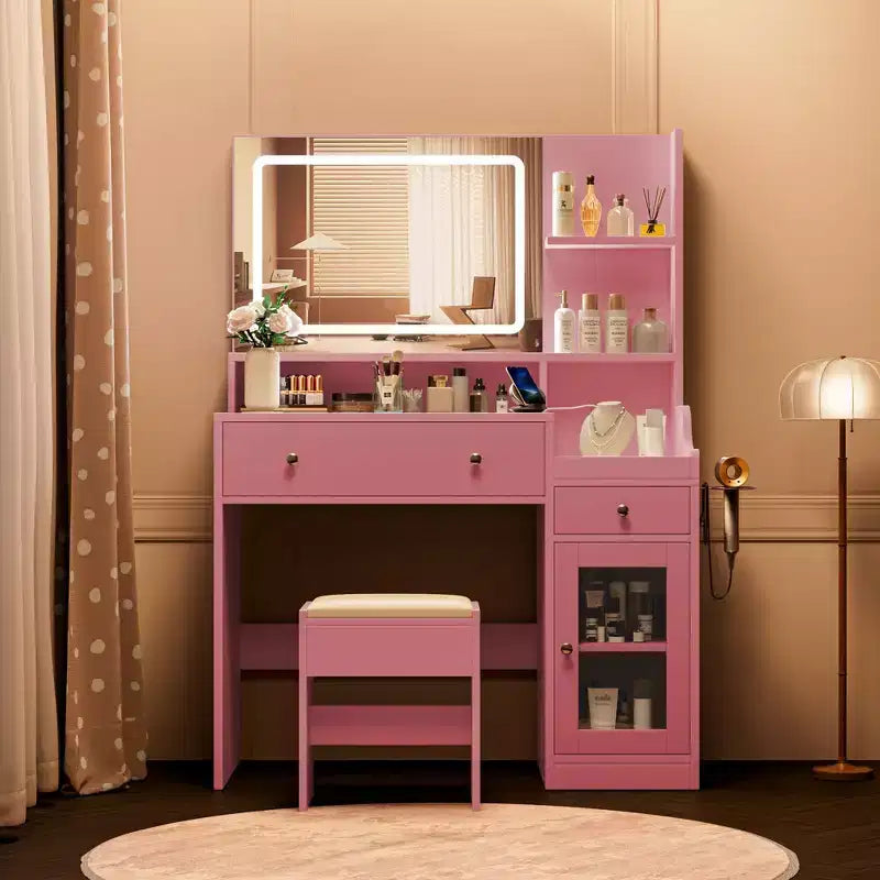 HYLEORY Vanity Desk with Mirror, Power Outlet, Hair Dryer Bracket, Makeup Table with 2 Drawers,3 Color Modes Available for Bedroom