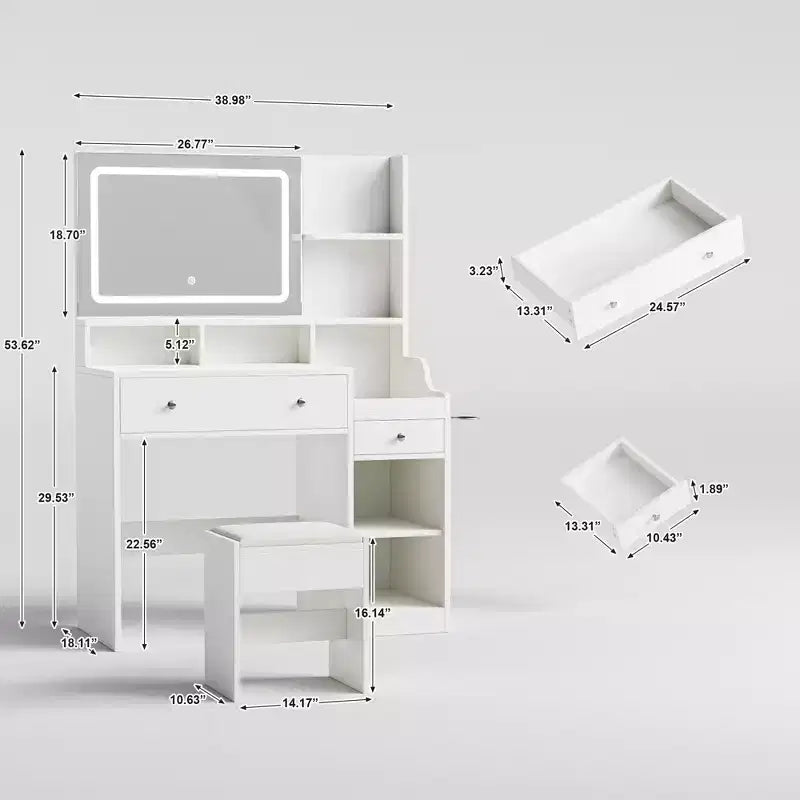 HYLEORY Vanity Desk with Mirror, Power Outlet, Hair Dryer Bracket, Makeup Table with 2 Drawers,3 Color Modes Available for Bedroom