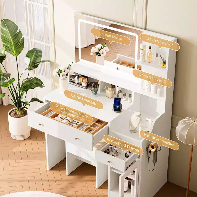 HYLEORY Vanity Desk with Mirror, Power Outlet, Hair Dryer Bracket, Makeup Table with 2 Drawers,3 Color Modes Available for Bedroom