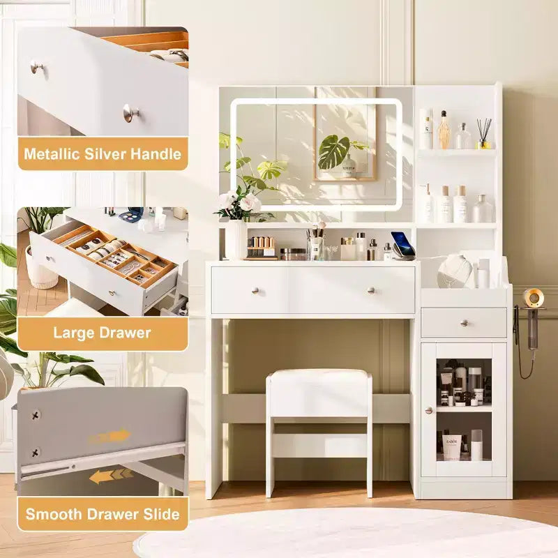 HYLEORY Vanity Desk with Mirror, Power Outlet, Hair Dryer Bracket, Makeup Table with 2 Drawers,3 Color Modes Available for Bedroom