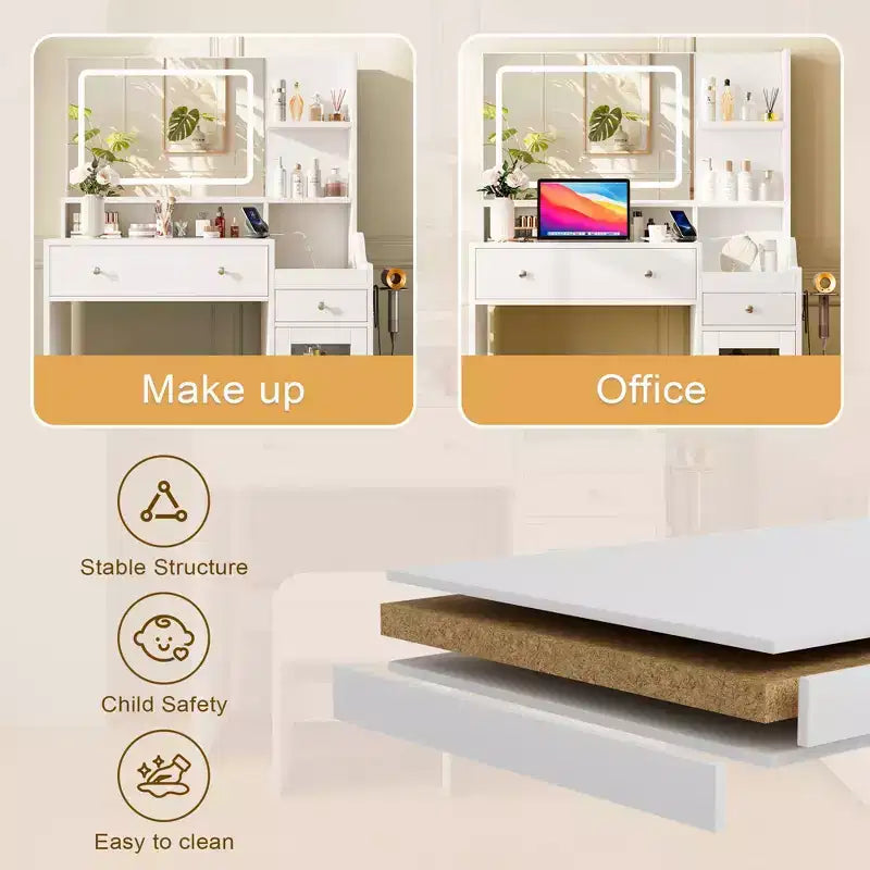 HYLEORY Vanity Desk with Mirror, Power Outlet, Hair Dryer Bracket, Makeup Table with 2 Drawers,3 Color Modes Available for Bedroom