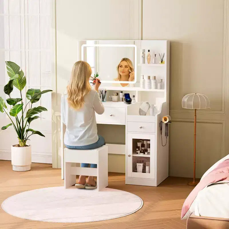 HYLEORY Vanity Desk with Mirror, Power Outlet, Hair Dryer Bracket, Makeup Table with 2 Drawers,3 Color Modes Available for Bedroom