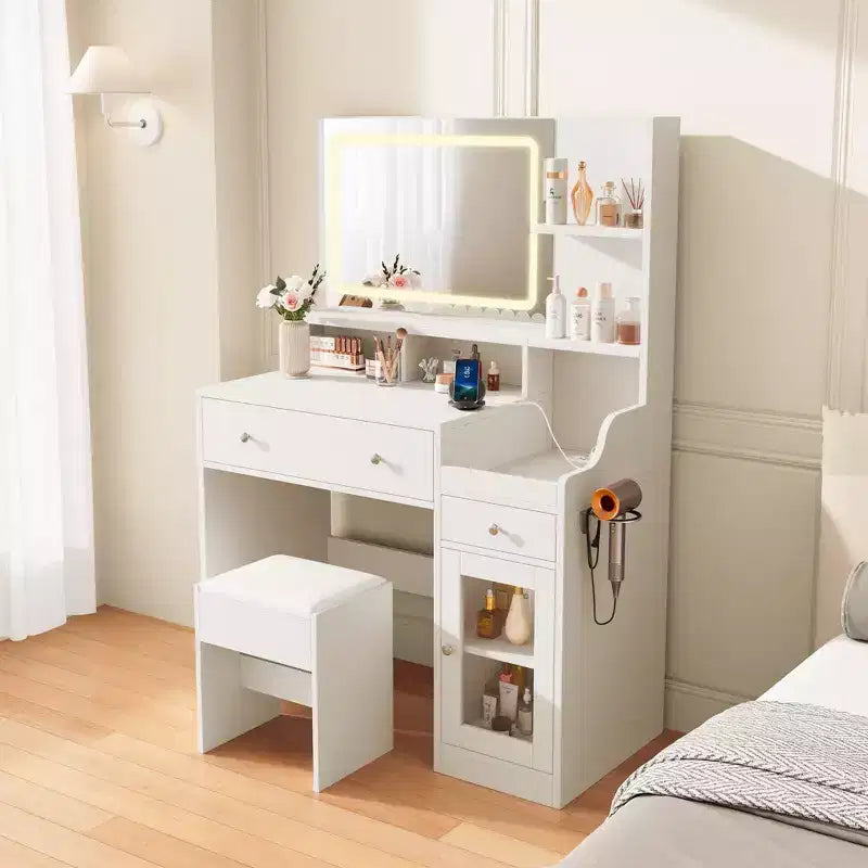 HYLEORY Vanity Desk with Mirror, Power Outlet, Hair Dryer Bracket, Makeup Table with 2 Drawers,3 Color Modes Available for Bedroom