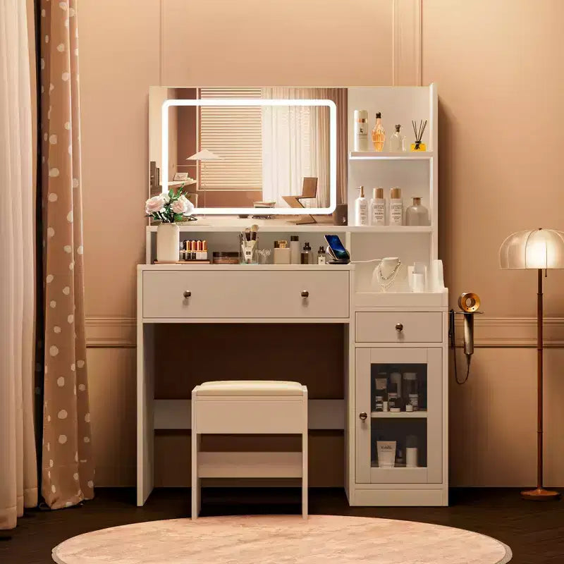 HYLEORY Vanity Desk with Mirror, Power Outlet, Hair Dryer Bracket, Makeup Table with 2 Drawers,3 Color Modes Available for Bedroom