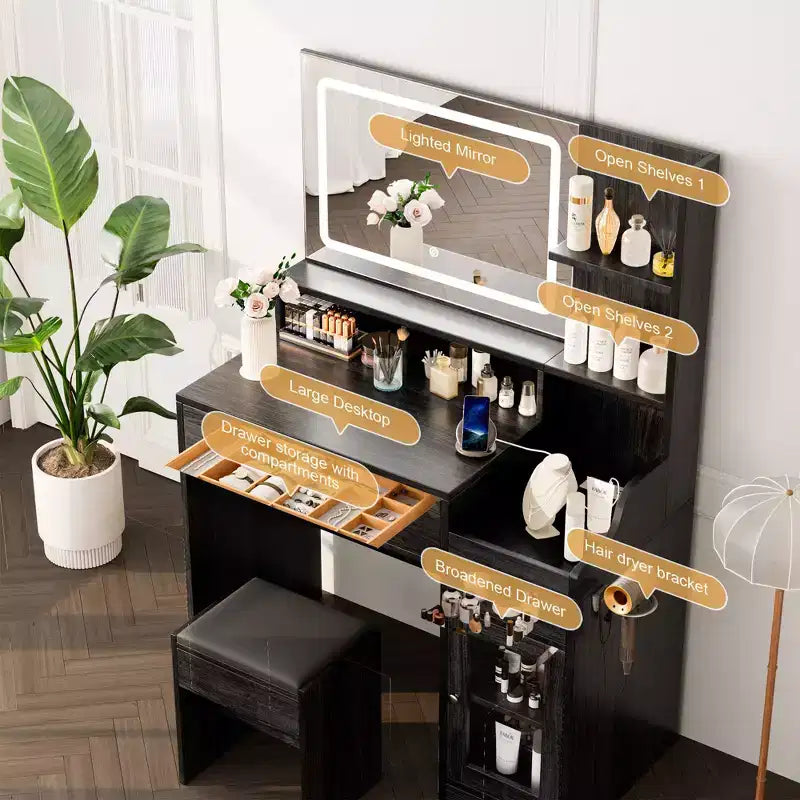 HYLEORY Vanity Desk with Mirror, Power Outlet, Hair Dryer Bracket, Makeup Table with 2 Drawers,3 Color Modes Available for Bedroom