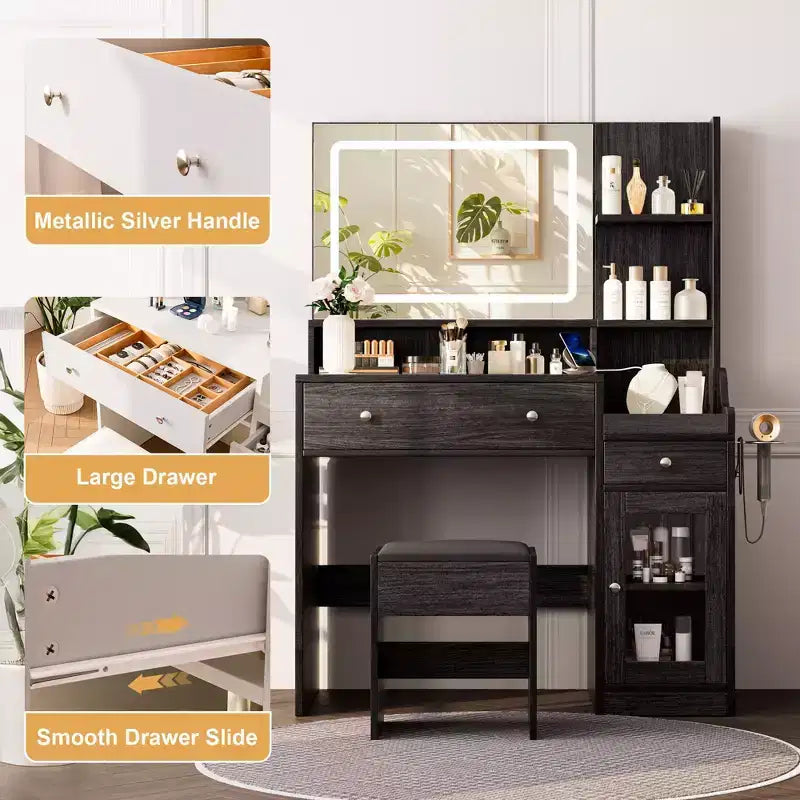 HYLEORY Vanity Desk with Mirror, Power Outlet, Hair Dryer Bracket, Makeup Table with 2 Drawers,3 Color Modes Available for Bedroom