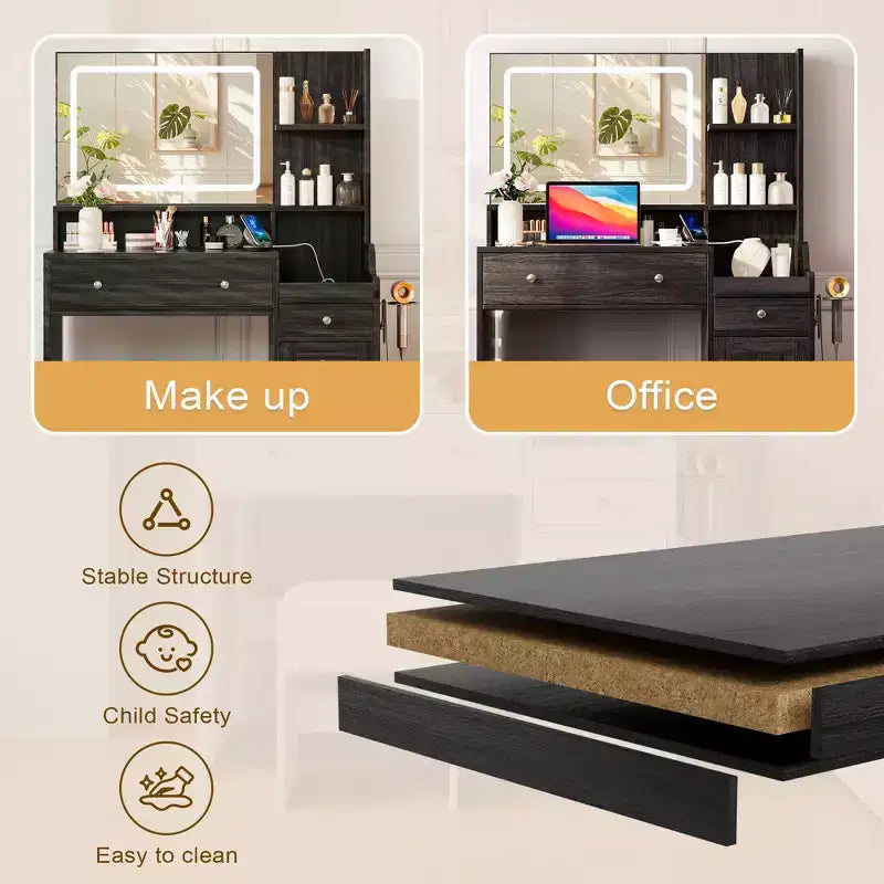 HYLEORY Vanity Desk with Mirror, Power Outlet, Hair Dryer Bracket, Makeup Table with 2 Drawers,3 Color Modes Available for Bedroom