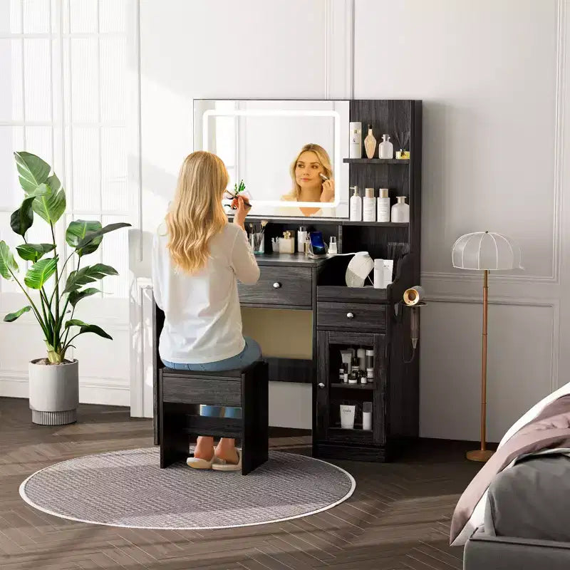 HYLEORY Vanity Desk with Mirror, Power Outlet, Hair Dryer Bracket, Makeup Table with 2 Drawers,3 Color Modes Available for Bedroom