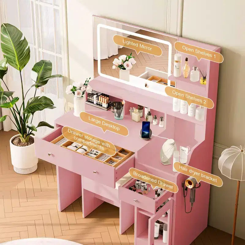 HYLEORY Vanity Desk with Mirror, Power Outlet, Hair Dryer Bracket, Makeup Table with 2 Drawers,3 Color Modes Available for Bedroom
