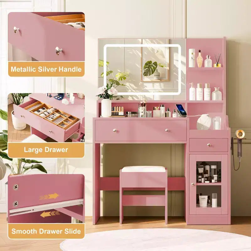 HYLEORY Vanity Desk with Mirror, Power Outlet, Hair Dryer Bracket, Makeup Table with 2 Drawers,3 Color Modes Available for Bedroom