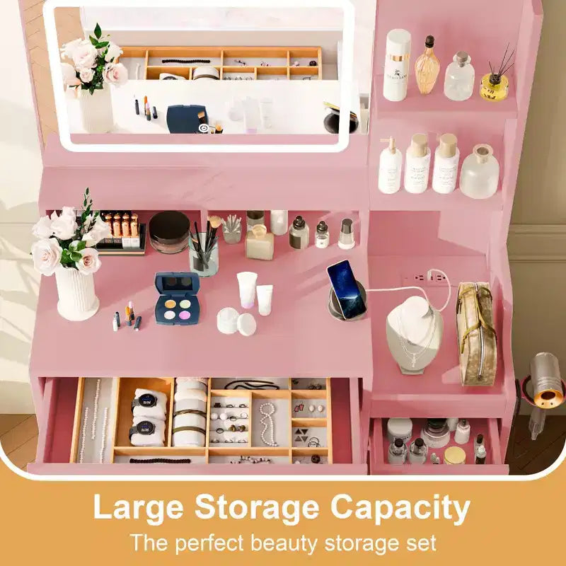 HYLEORY Vanity Desk with Mirror, Power Outlet, Hair Dryer Bracket, Makeup Table with 2 Drawers,3 Color Modes Available for Bedroom