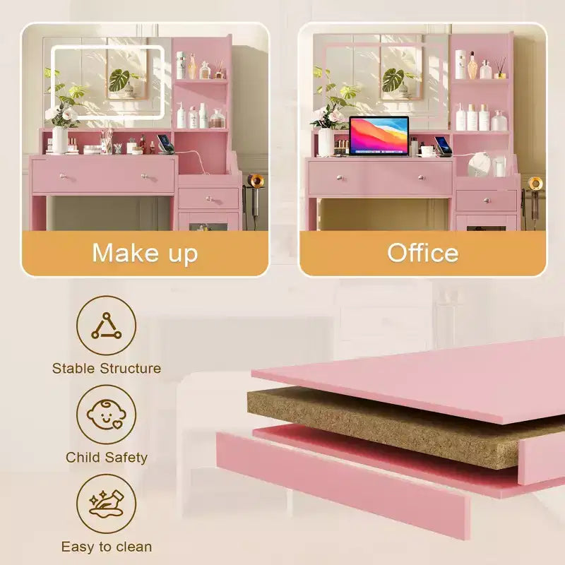HYLEORY Vanity Desk with Mirror, Power Outlet, Hair Dryer Bracket, Makeup Table with 2 Drawers,3 Color Modes Available for Bedroom