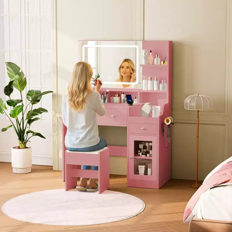 HYLEORY Vanity Desk with Mirror, Power Outlet, Hair Dryer Bracket, Makeup Table with 2 Drawers,3 Color Modes Available for Bedroom