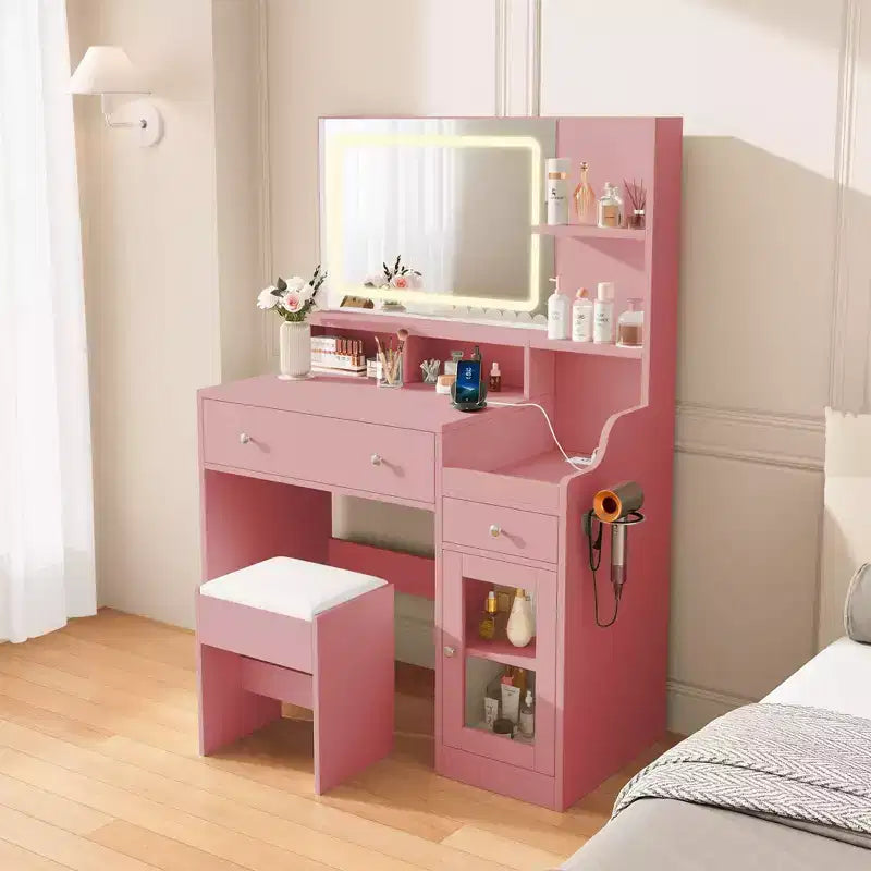HYLEORY Vanity Desk with Mirror, Power Outlet, Hair Dryer Bracket, Makeup Table with 2 Drawers,3 Color Modes Available for Bedroom
