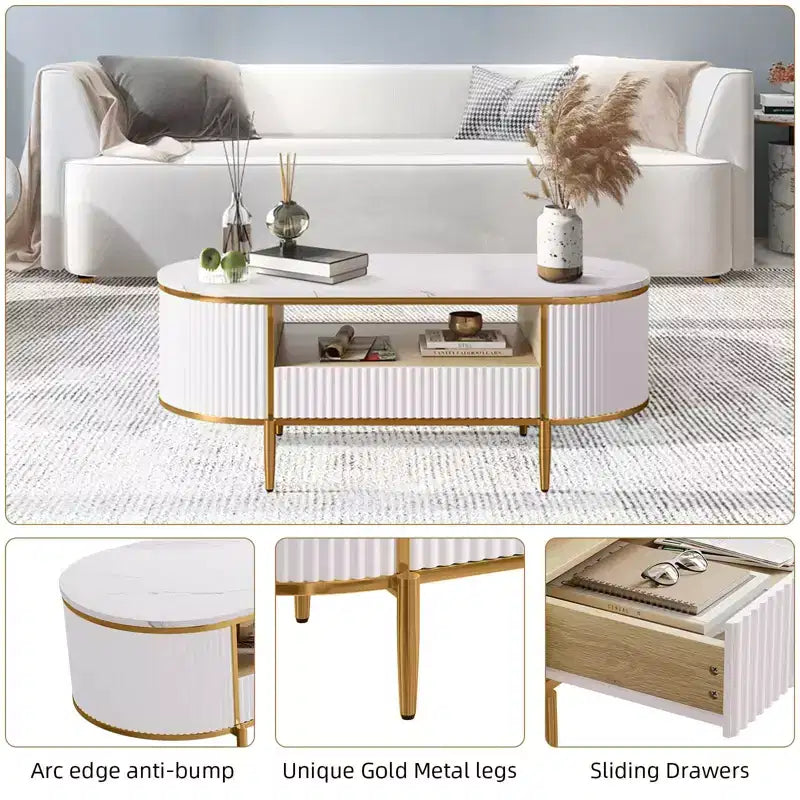 Table basse cannelée de luxe moderne, table basse ovale de 120 cm avec rangement, plateau en faux marbre, design à profil incurvé, pieds et poignées en métal doré, blanc