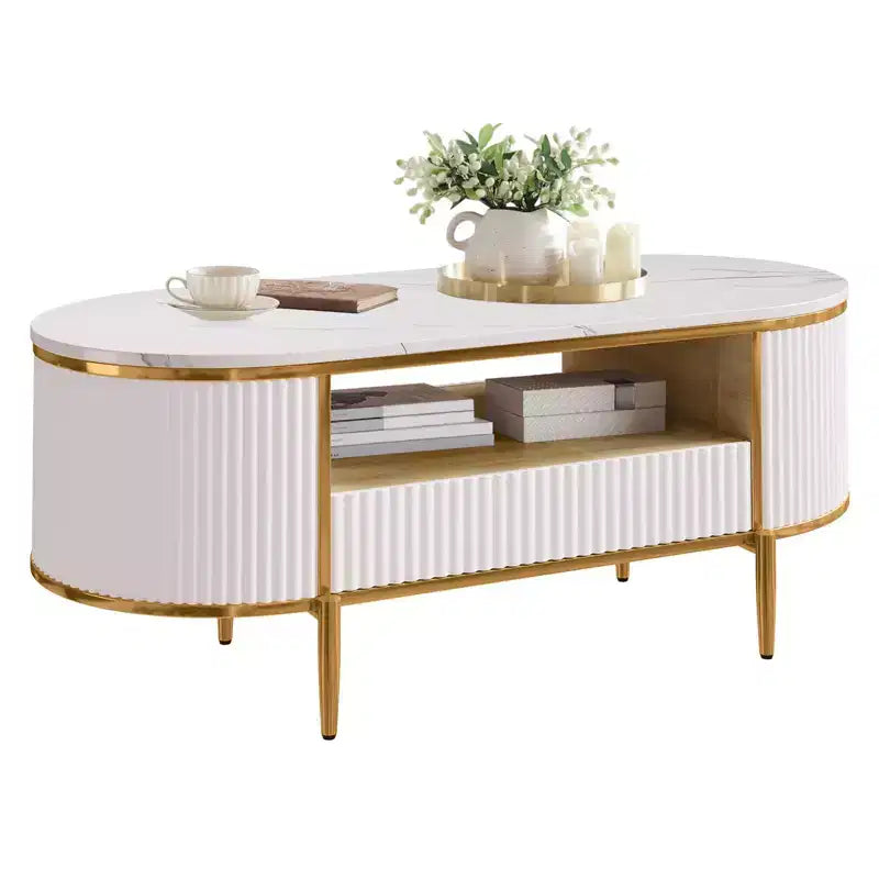 Table basse cannelée de luxe moderne, table basse ovale de 120 cm avec rangement, plateau en faux marbre, design à profil incurvé, pieds et poignées en métal doré, blanc