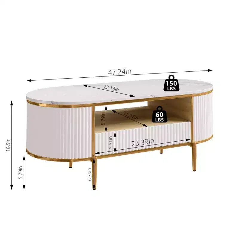 Table basse cannelée de luxe moderne, table basse ovale de 120 cm avec rangement, plateau en faux marbre, design à profil incurvé, pieds et poignées en métal doré, blanc