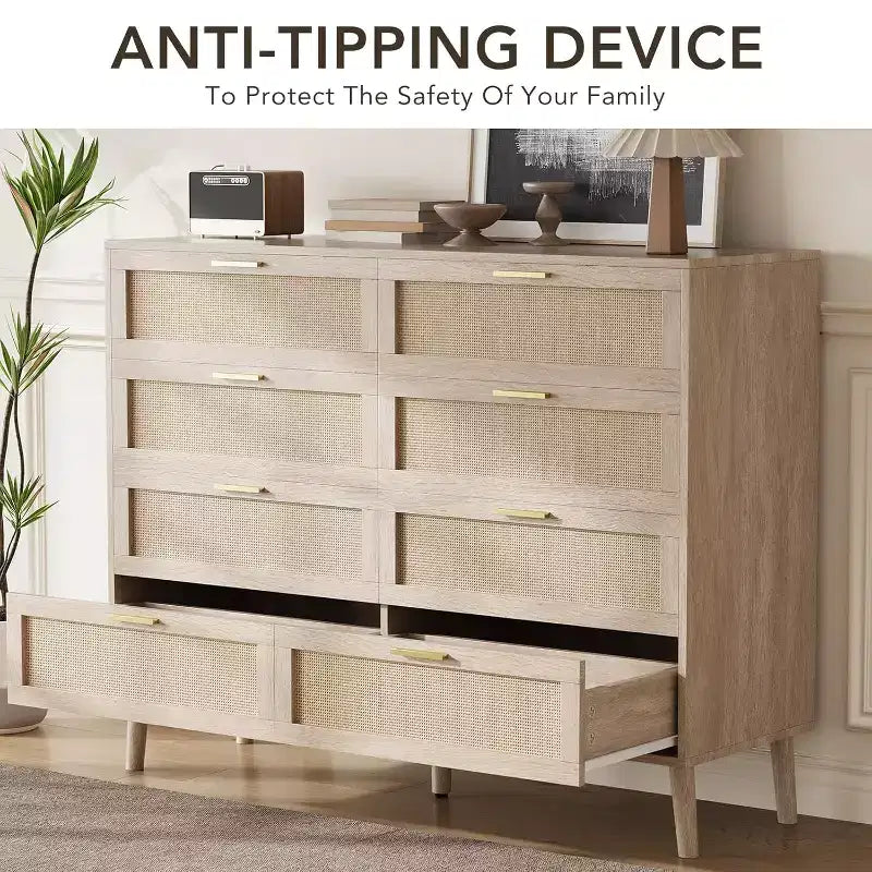 Commode à 8 tiroirs, commode en rotin naturel pour chambre à coucher, commode de style rustique en bois avec poignées dorées pour salon ou entrée