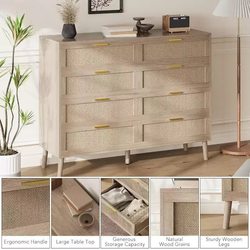 Commode à 8 tiroirs, commode en rotin naturel pour chambre à coucher, commode de style rustique en bois avec poignées dorées pour salon ou entrée