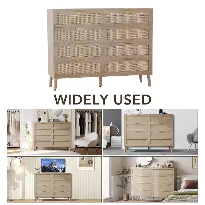 Commode à 8 tiroirs, commode en rotin naturel pour chambre à coucher, commode de style rustique en bois avec poignées dorées pour salon ou entrée