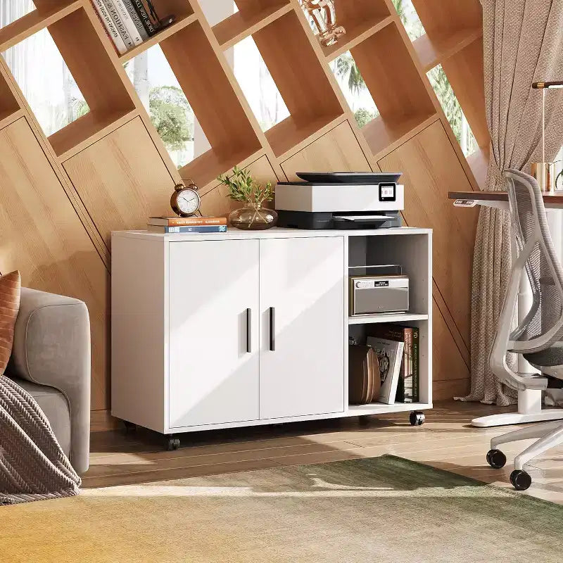 Meuble de rangement de bureau DEXYLLO avec portes et étagères, support d'imprimante latéral pour fournitures et dossiers de bureau, armoire de classement pour bureau à domicile