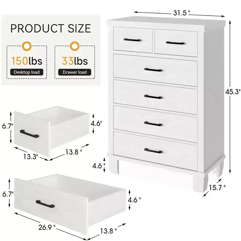 Commode moderne Zstar à 6 tiroirs, 114 cm de haut, en bois gris avec grands tiroirs de rangement pour chambre, dressing et entrée