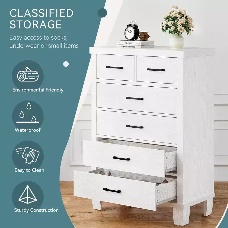 Commode moderne Zstar à 6 tiroirs, 114 cm de haut, en bois gris avec grands tiroirs de rangement pour chambre, dressing et entrée