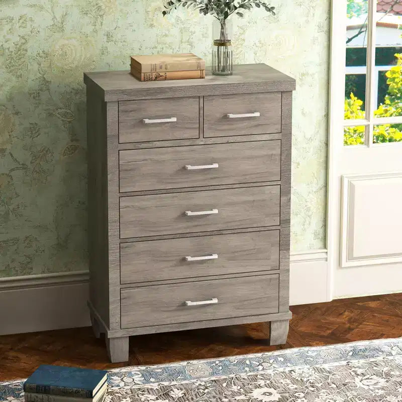 Commode moderne Zstar à 6 tiroirs, 114 cm de haut, en bois gris avec grands tiroirs de rangement pour chambre, dressing et entrée