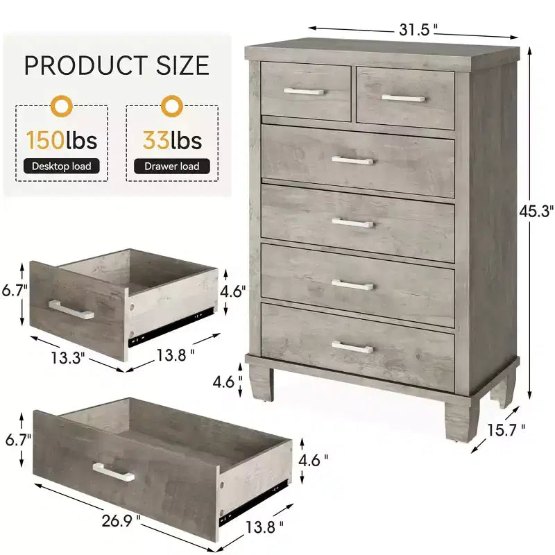 Commode moderne Zstar à 6 tiroirs, 114 cm de haut, en bois gris avec grands tiroirs de rangement pour chambre, dressing et entrée