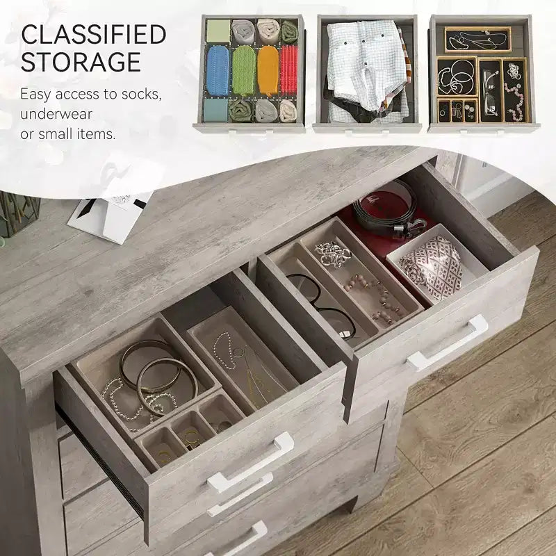 Commode moderne Zstar à 6 tiroirs, 114 cm de haut, en bois gris avec grands tiroirs de rangement pour chambre, dressing et entrée