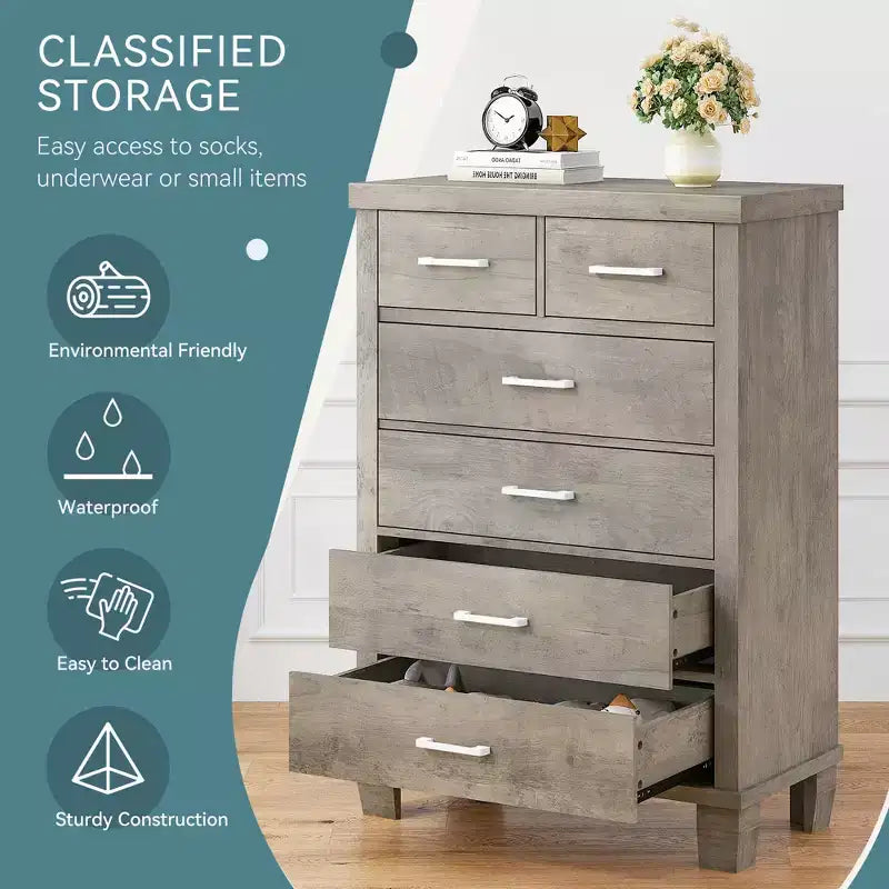 Commode moderne Zstar à 6 tiroirs, 114 cm de haut, en bois gris avec grands tiroirs de rangement pour chambre, dressing et entrée
