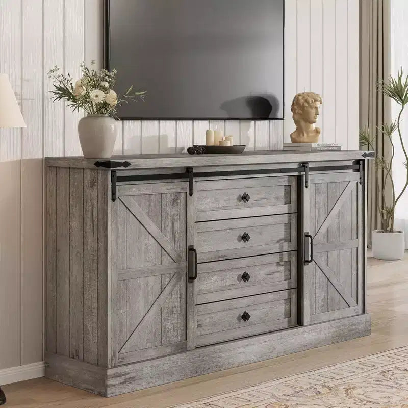 Commode à 4 tiroirs GustoWave pour chambre à coucher, commodes en bois de style fermier de 150 cm avec portes coulissantes de grange et grands tiroirs