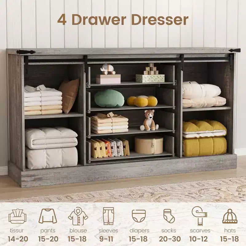 Commode à 4 tiroirs GustoWave pour chambre à coucher, commodes en bois de style fermier de 150 cm avec portes coulissantes de grange et grands tiroirs