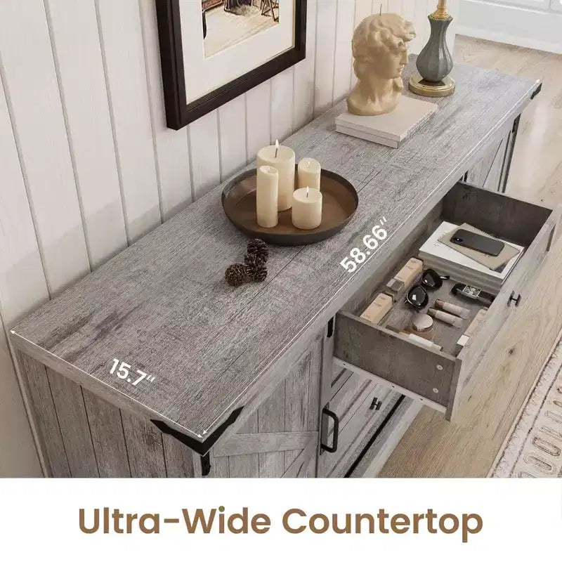 Commode à 4 tiroirs GustoWave pour chambre à coucher, commodes en bois de style fermier de 150 cm avec portes coulissantes de grange et grands tiroirs