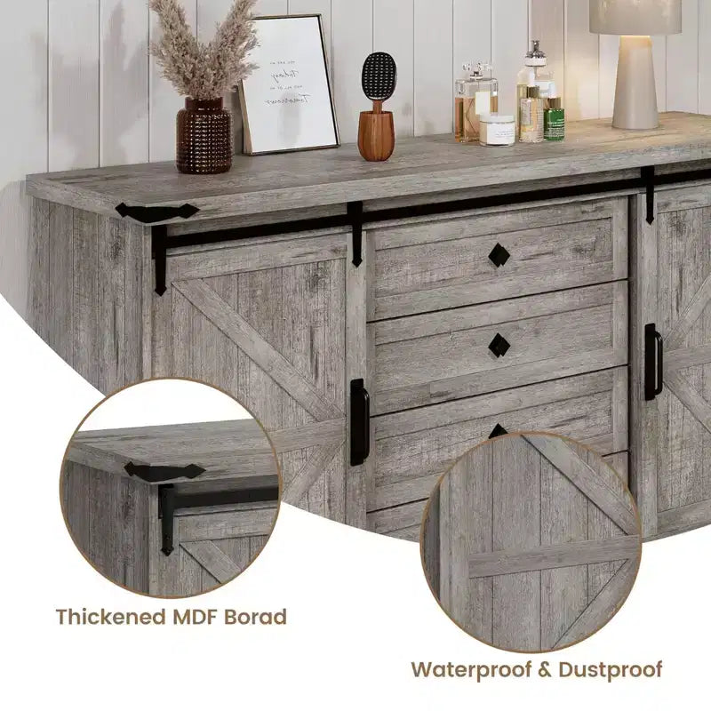 Commode à 4 tiroirs GustoWave pour chambre à coucher, commodes en bois de style fermier de 150 cm avec portes coulissantes de grange et grands tiroirs