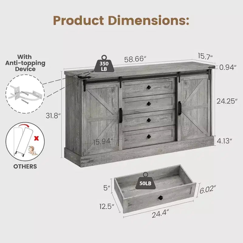 Commode à 4 tiroirs GustoWave pour chambre à coucher, commodes en bois de style fermier de 150 cm avec portes coulissantes de grange et grands tiroirs
