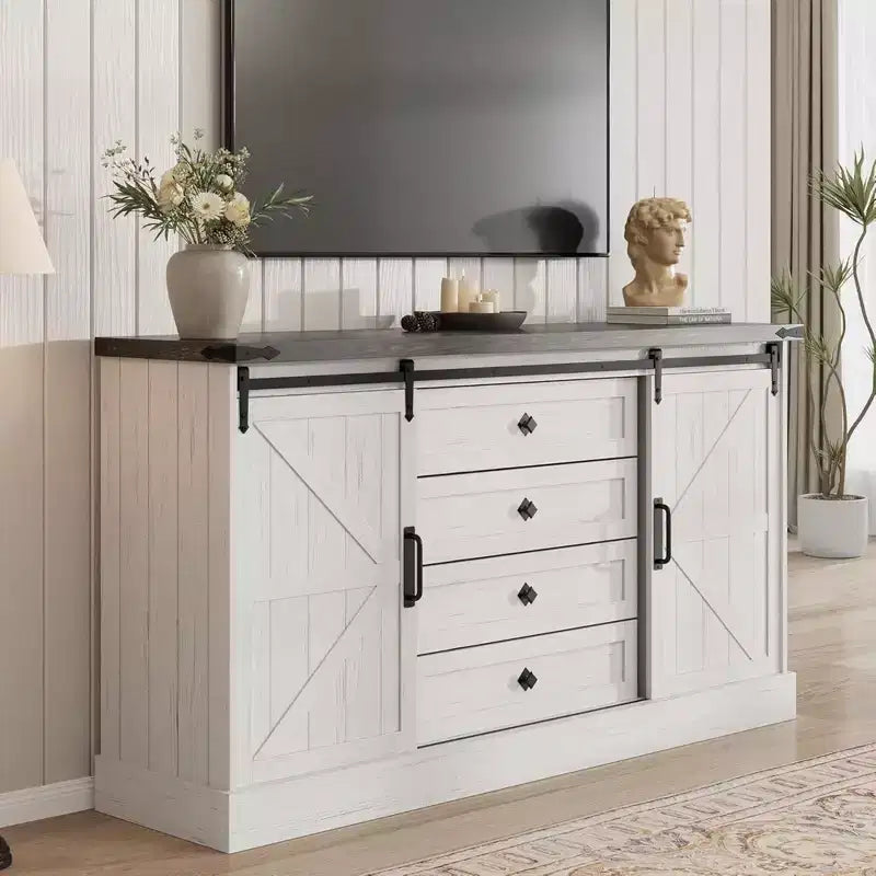Commode à 4 tiroirs GustoWave pour chambre à coucher, commodes en bois de style fermier de 150 cm avec portes coulissantes de grange et grands tiroirs