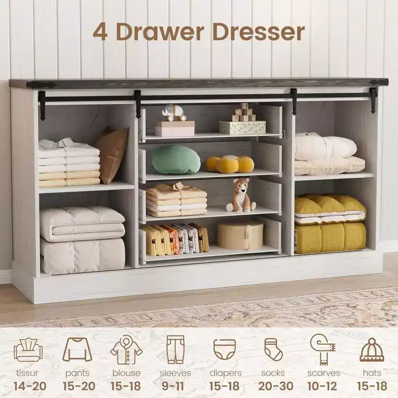 Commode à 4 tiroirs GustoWave pour chambre à coucher, commodes en bois de style fermier de 150 cm avec portes coulissantes de grange et grands tiroirs