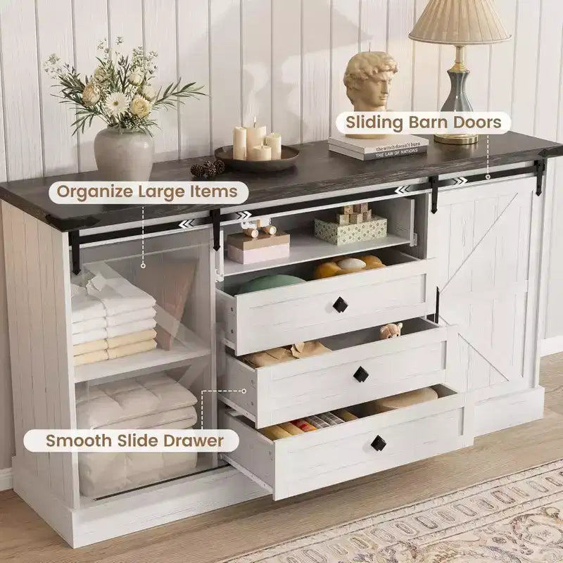 Commode à 4 tiroirs GustoWave pour chambre à coucher, commodes en bois de style fermier de 150 cm avec portes coulissantes de grange et grands tiroirs