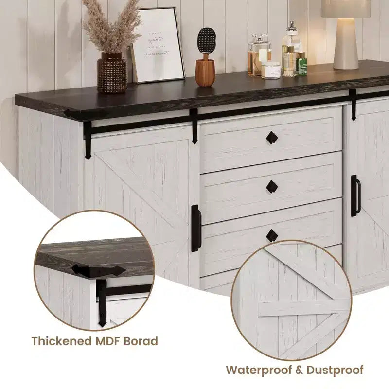 Commode à 4 tiroirs GustoWave pour chambre à coucher, commodes en bois de style fermier de 150 cm avec portes coulissantes de grange et grands tiroirs