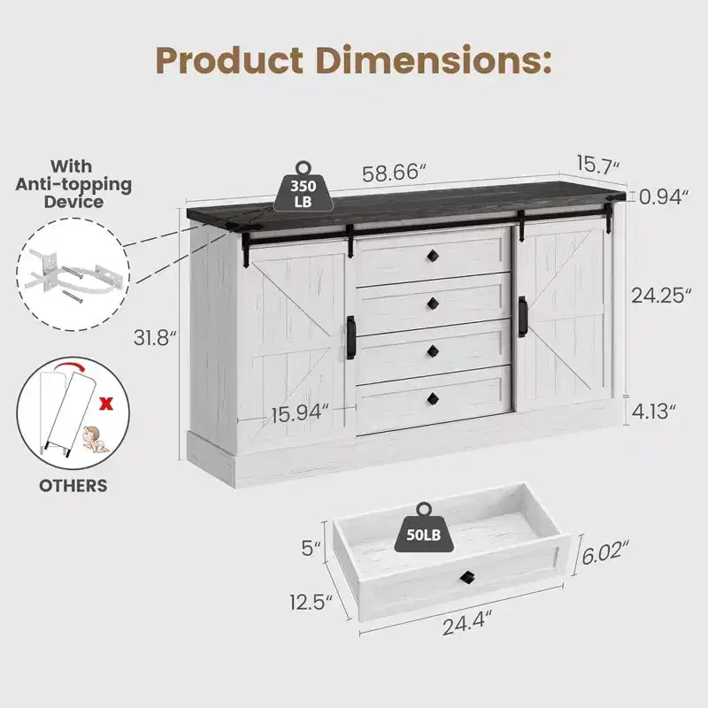 Commode à 4 tiroirs GustoWave pour chambre à coucher, commodes en bois de style fermier de 150 cm avec portes coulissantes de grange et grands tiroirs