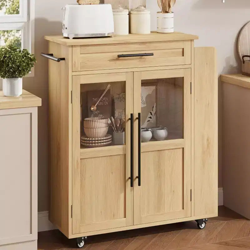 Table îlot de cuisine sur roulettes, îlot de rangement avec porte-épices et tiroir, desserte de cuisine roulante pour la maison, la salle à manger, chêne naturel
