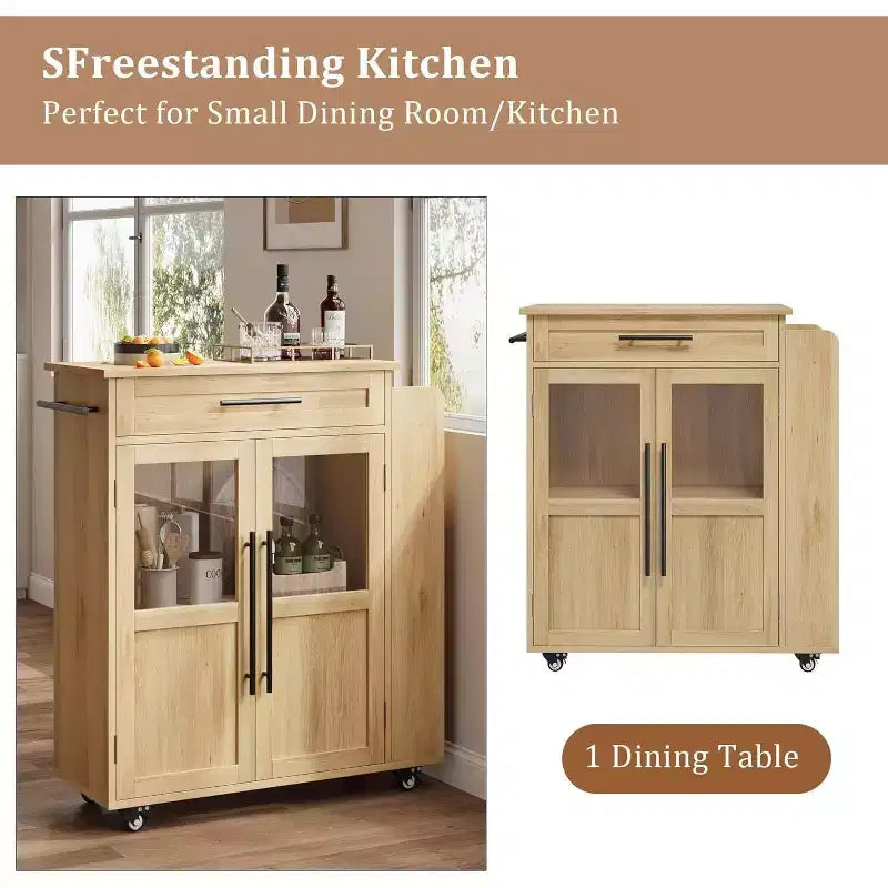 Table îlot de cuisine sur roulettes, îlot de rangement avec porte-épices et tiroir, desserte de cuisine roulante pour la maison, la salle à manger, chêne naturel