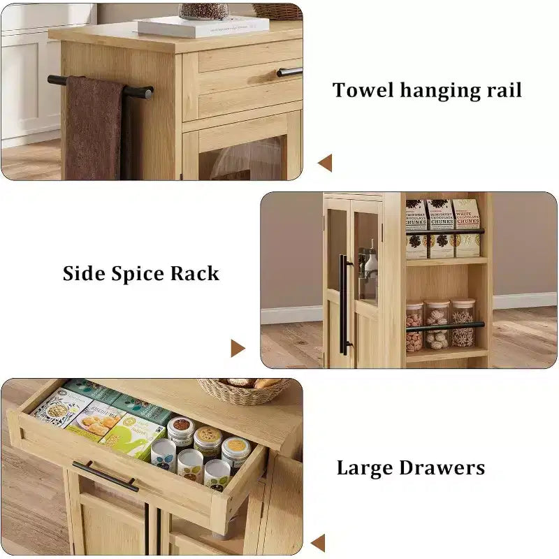 Table îlot de cuisine sur roulettes, îlot de rangement avec porte-épices et tiroir, desserte de cuisine roulante pour la maison, la salle à manger, chêne naturel