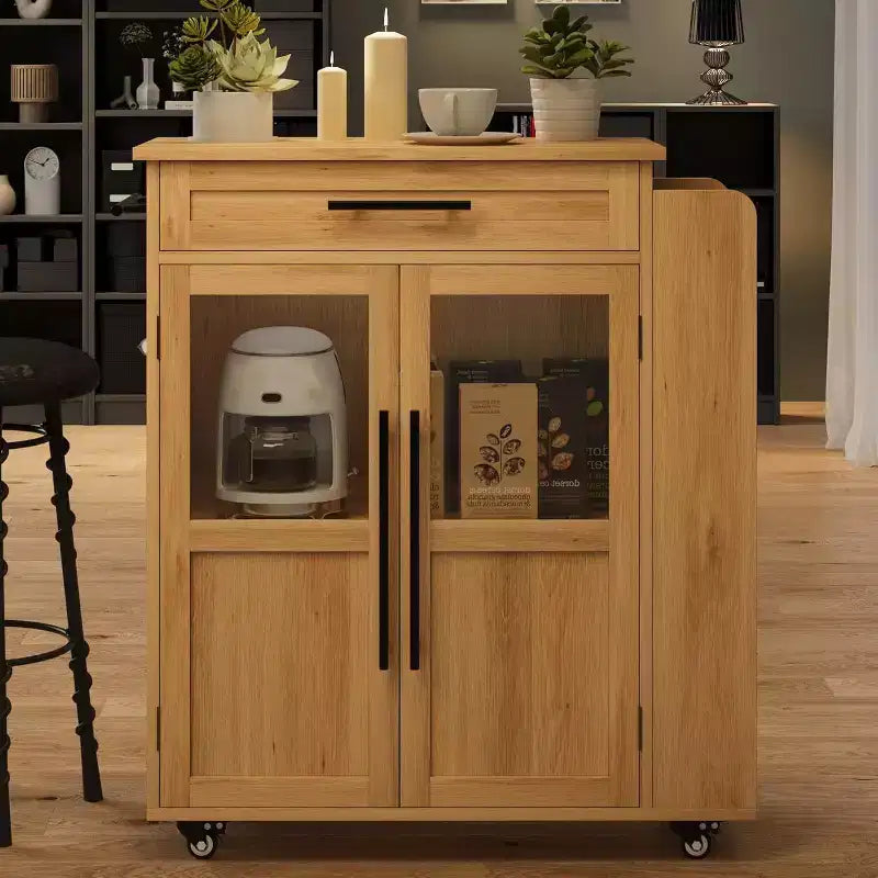 Table îlot de cuisine sur roulettes, îlot de rangement avec porte-épices et tiroir, desserte de cuisine roulante pour la maison, la salle à manger, chêne naturel